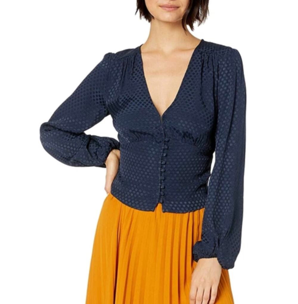 Sanctuary Navy Blue Jacquard Long-sleeve V-neck Blouse Size XS